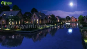 3d exterior waterside villa rendering design animation studio night view river colony architectural services Mumbai Maharashtra