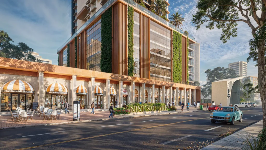 3D architectural visualization highrise building render luxurious apartment shops india
