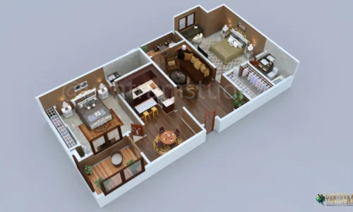 3d floor plan Residential House 3d architectural rendering studio 1000 sq ft 2 bed room 1 story Ludhiana
