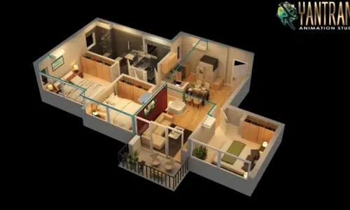 3d floor plan Residential House 3d architectural rendering studio 1000 sq ft 2 bed room 1 story Ludhiana