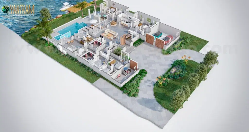 Bird Eye view Residential 3D Virtual Floor Plan design backyard pool landscape Architectural Modeling Firm site plan Hyderabad