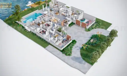 Bird Eye view Residential 3D Virtual Floor Plan design backyard pool landscape Architectural Modeling Firm site plan Hyderabad