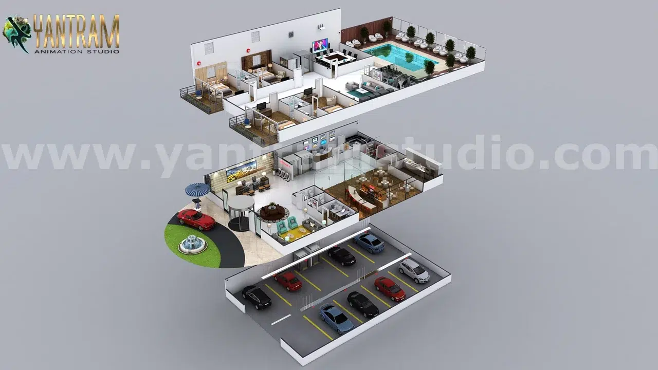 Hotel Style 3D Interior Floor Plan Design Concept 3 story 3 floor 5000 sq ft firms company services architectural Pune