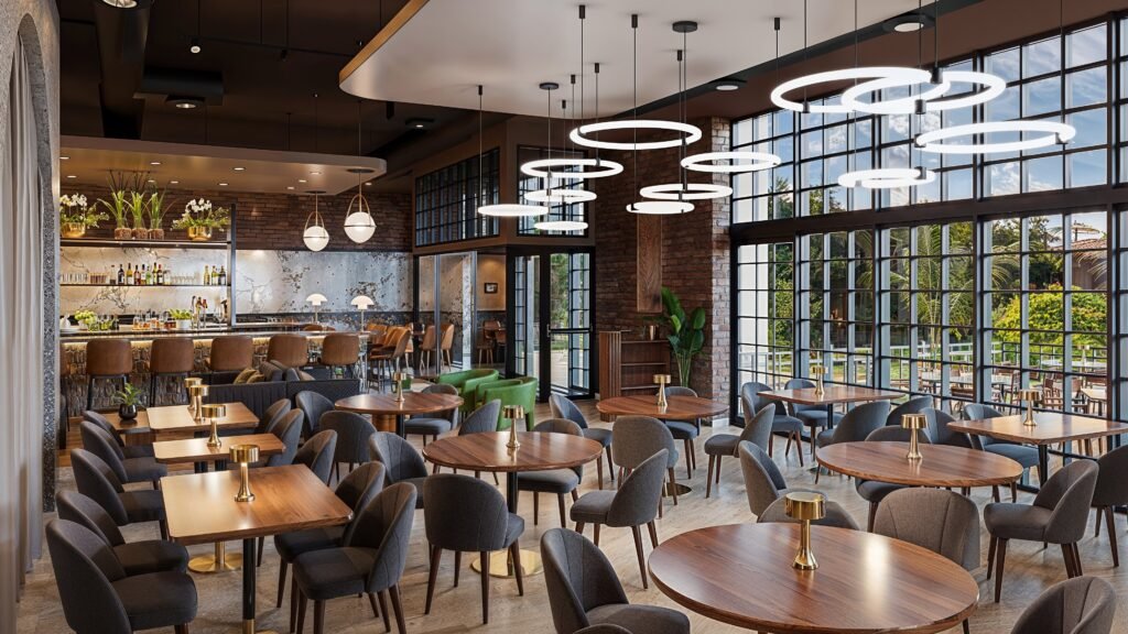 bar resturent design ceiling wooden modern chairinterior design rendering services kochi India