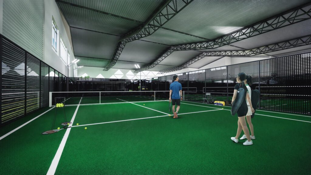 complex tennis ground prectice area trannig place 3d interior design firms Surat India