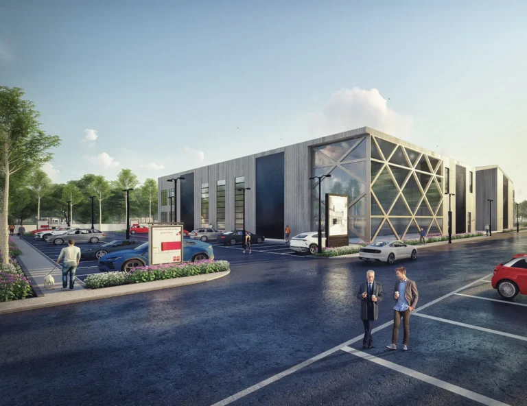 sport center parking architectural rendering studio animation visualization services design view Idea exterior landscape complex company firms walk side commercial New Delhi