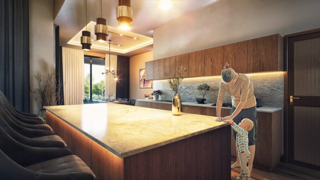 companies modelling rendering studio animation services design Idea 3D designers Interior view Modern Luxury residential home bungalow architectural house villa dining area kitchen india