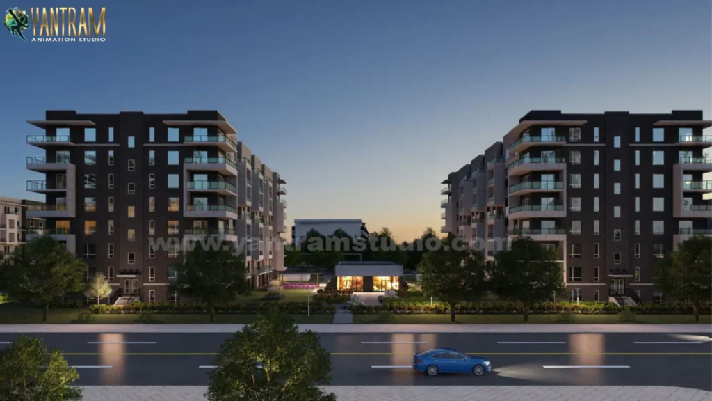 Evening view of residential apartment by 3d exterior design company india