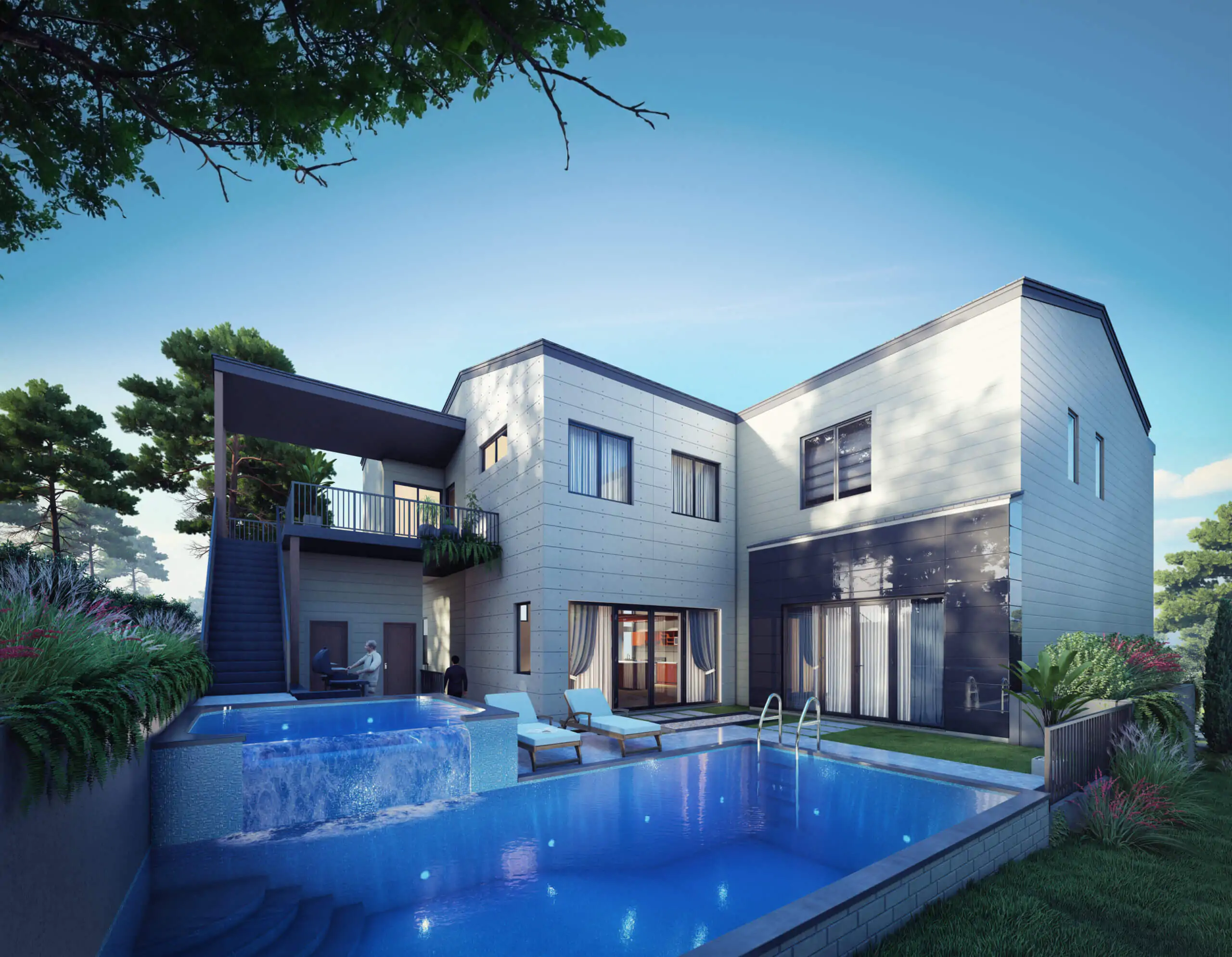 architectural rendering animation exterior poolview backyard landscape bungalow Luxury seatingarea relaxing balcony 3D villa photo realistic residential design Idea company view scaled.jpg