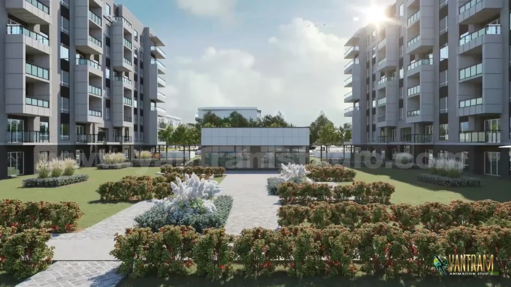 landscape design of community area by 3d exterior architectural designers.india