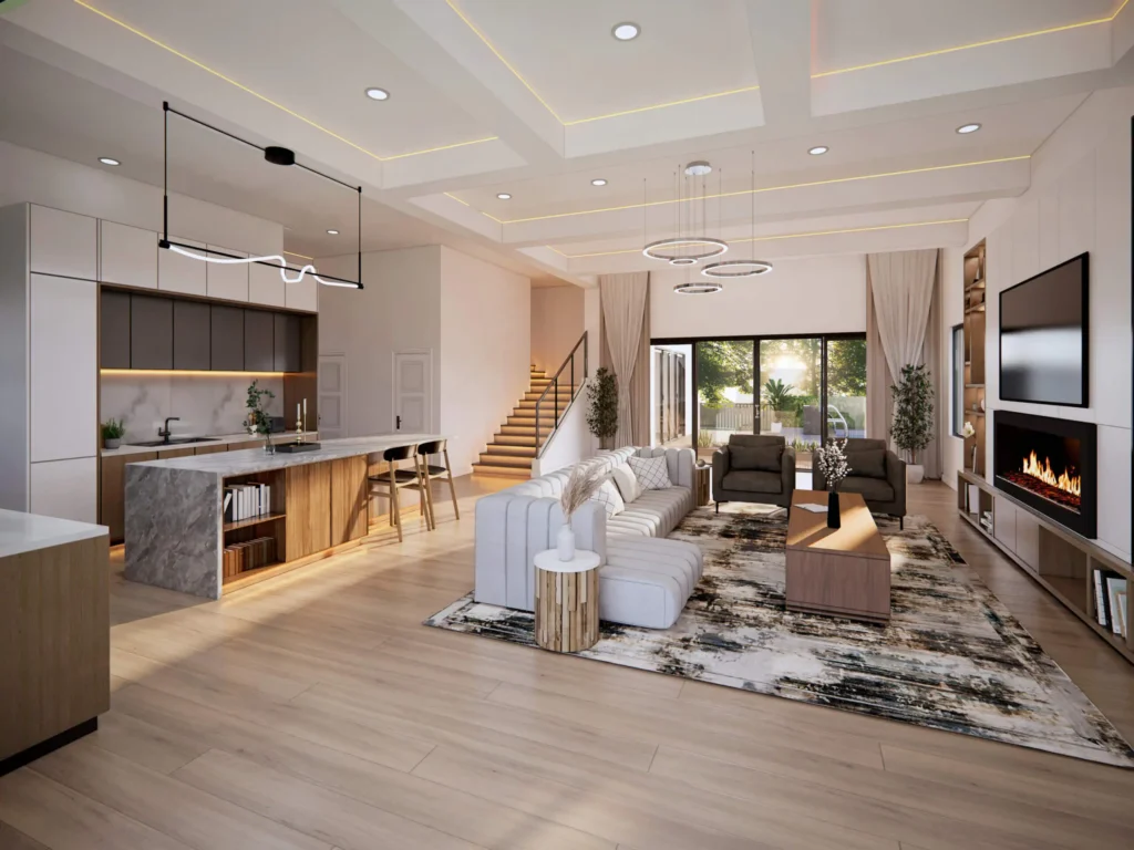 rendering visualization design 3D designers Living Kitchen Dining winestorage bungalow Luxury 3D residential housing interior lighting balcony design view idea agency scaled.jpg
